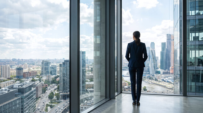 Successful business professional looking out from a modern skyscraper office window at the sprawling urban city skyline landscape