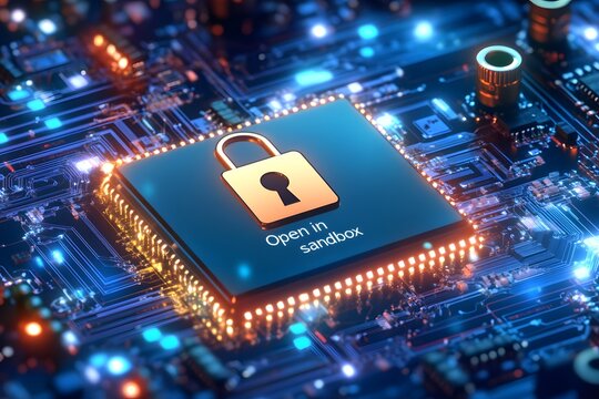 Gold padlock on microchip labeled open in sandbox cybersecurity