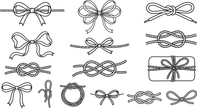 Ribbon Bow Outline Icon Set with Decorative Rope Knots Shoelaces and Gift Packaging Elements for Holiday Invitations Crafting and Greeting Cards