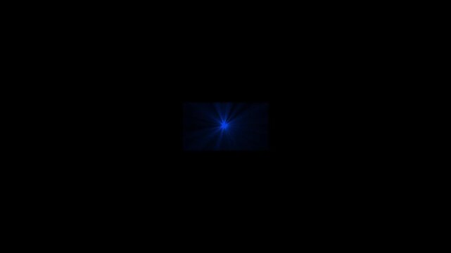Blue sun flare star light glow shining rays' effect on black chroma key alpha channel background, animation. 4k video