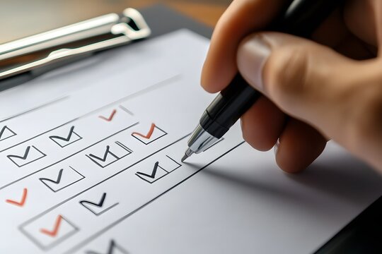 Close-up checklist being marked with pen on clipboard, checking boxes