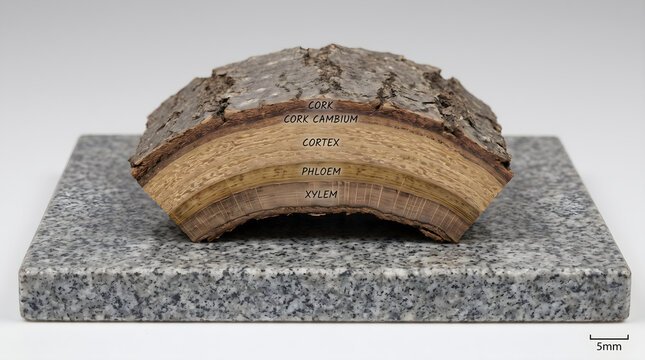 Cross section of buckthorn bark anatomy showing labeled layers of cork cambium cortex phloem and xylem