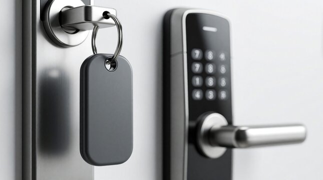 Modern electronic door lock with digital keypad, metal handle. Silver key with black fob hangs in lock cylinder. High tech security system provides access control for office home entrance. Secure