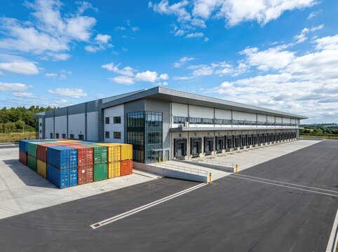 Wide shot of a massive modern industrial warehouse with multiple large bay doors and several secure external metal storage containers nearby, concrete, facility, area