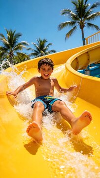 Happy Boy Enjoying a Yellow Water Slide on a Sunny Summer Day