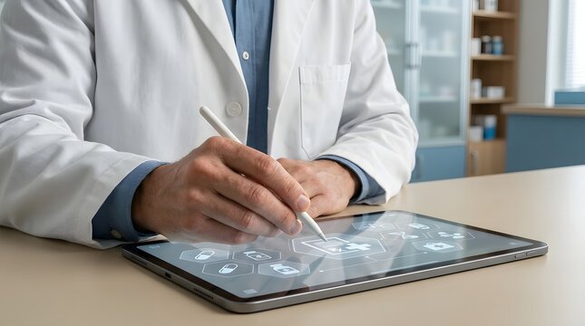 Doctor using a digital tablet with medical icons on a light surface