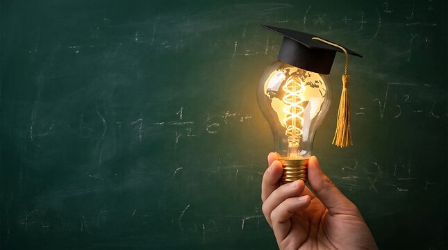 International education day concept with glowing lightbulb wearing graduation cap against chalkboard background education graduation lightbulb