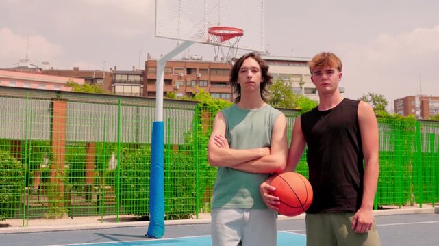 Multicultural male friends posing together on an outdoor basketball court