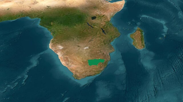 Satellite map animation of South Africa with zoom in and zoom out, moving clouds, growing ink-shape waving flag of the country, gradient outline indicating the border.