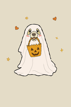 Cute Happy Halloween Golden Retriever Dogs Autumn Derpy Cartoon Character Set, Hand Drawn Playful Happy Puppies.