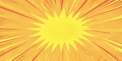 Fototapeta premium Dynamic yellow and orange comic speed lines background with central starburst explosion shape