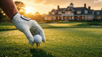 Fototapeta premium Golfer in white glove places ball on tee at luxury golf course. Close up of hand preparing for drive on green fairway. Large clubhouse building stands in background during golden sunset. Premium