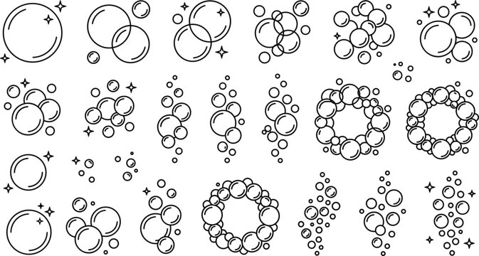 Soap Bubble and Foam Icon Set with Sparkles and Fizzy Effervescent Clusters for Cleaning, Hygiene, Cosmetics, and Carbonated Drink Designs