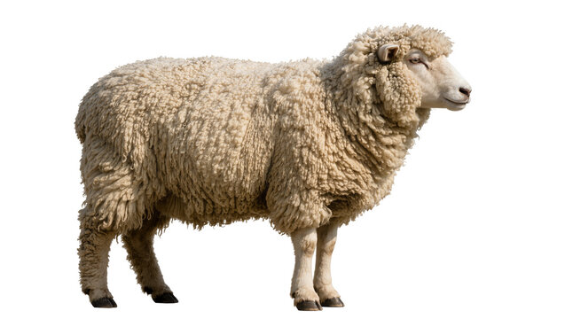 Fluffy wooly sheep standing, isolated on transparent background