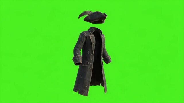 Eerie Haunted 4K Floating Pirate Captain Outfit with Tricorne Hat and Long Coat Swaying on Green Screen Background