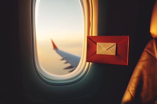 Red envelope on airplane window with wing at sunset