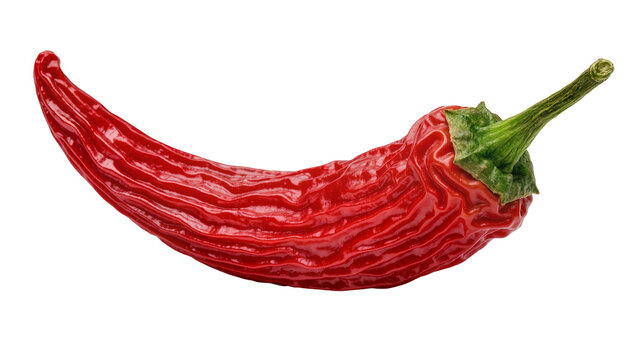 Wrinkled red chili pepper with green stem, isolated on transparent background