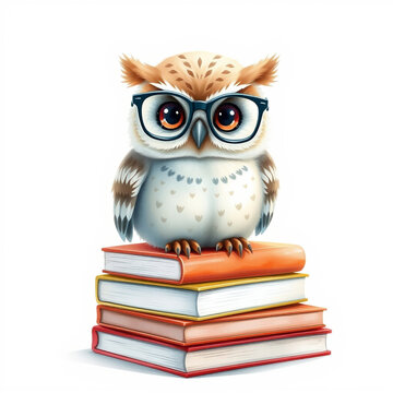 Soft watercolor illustration of cute owl wearing glasses on books