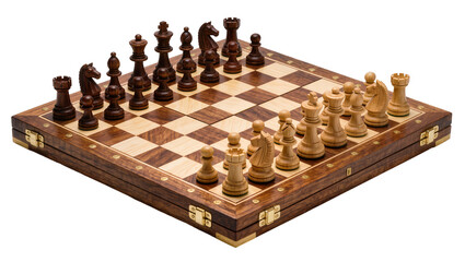 Luxury wooden chess set with dark and light pieces, isolated on transparent background © Ruslan