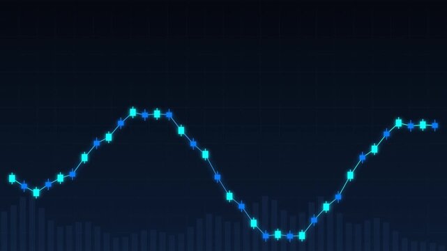 Abstract financial chart with moving glowing line graph and bars on a dark background showing data visualization and statistics for business analysis motion graphic.