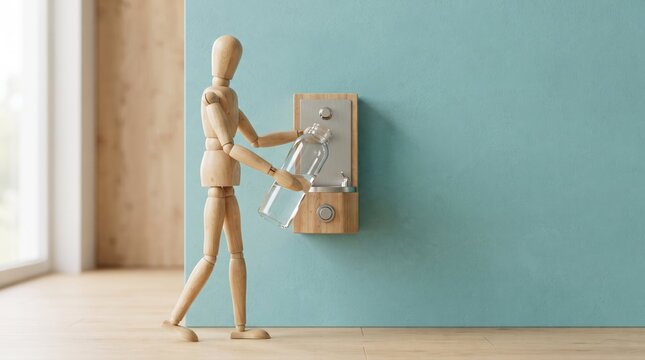 Wooden mannequin installing wall-mounted soap dispenser
