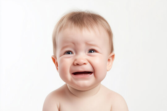 Closeup photo of cute little baby boy child crying