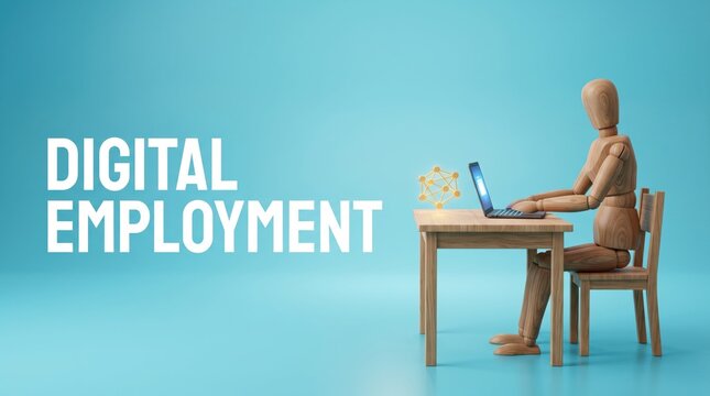 3d man working on laptop at wooden desk representing digital employment