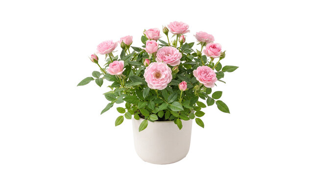 A potted miniature pink rose bush with multiple blooms and buds against a clean white background