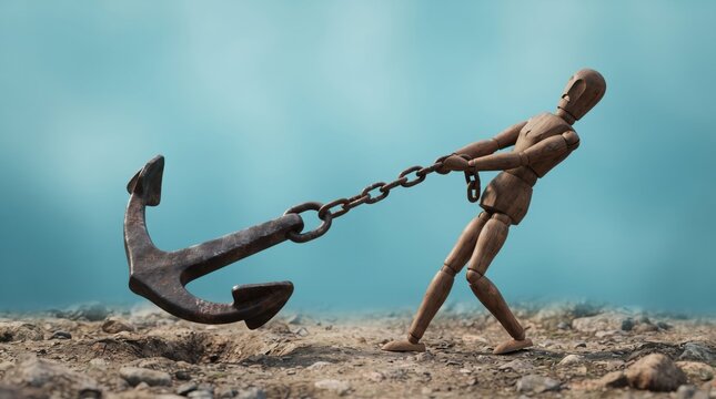 Person dragging heavy anchor on rocky beach