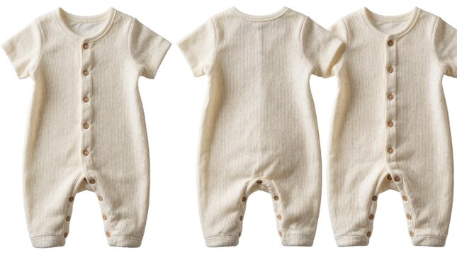Cream colored baby onesie with short sleeves, button closure. Front, back view of ribbed cotton jumpsuit for infant. Neutral beige toddler romper clothing for newborn. Soft organic fabric outfit for