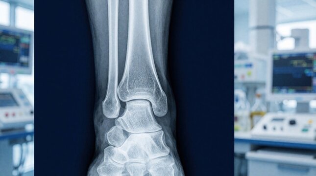 Medical x ray scan of human ankle, lower leg bones. Radiograph shows tibia, fibula, joint structure. Clinical imaging used for diagnosis of fracture, injury sprain in hospital lab. Blue background