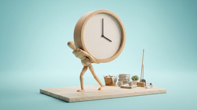 Wooden figure carrying a large clock illustration
