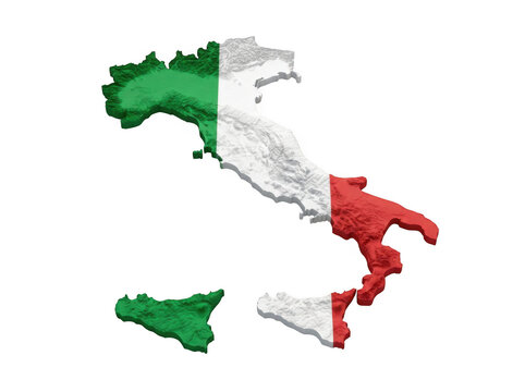 3d topographic map of italy with national flag texture isolated on transparent background
