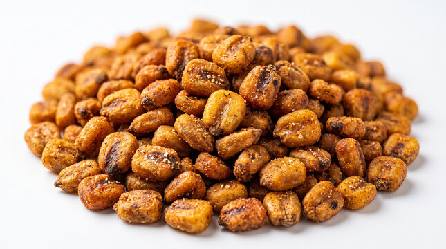 Corn nuts seasoned and roasted to a golden brown color piled high on a clean transparent studio backdrop.