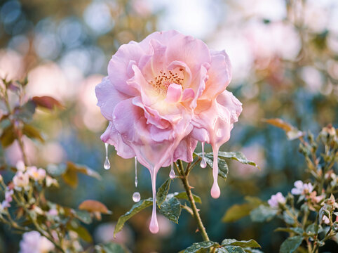 Delicate pink rose covered in shimmering dew drops in a garden with a soft blurred bokeh background and warm light. Romantic floral image for Valentine's Day, weddings, spring and greeting cards.