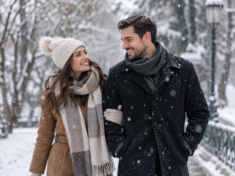Ein l&auml;chelndes Paar spaziert in warmer Winterkleidung durch eine verschneite Stadt. Der erste Schnee und die sanft verschwommene Kulisse schaffen ein nat&uuml;rliches Bild von N&auml;he und gemeinsamer Freizeit