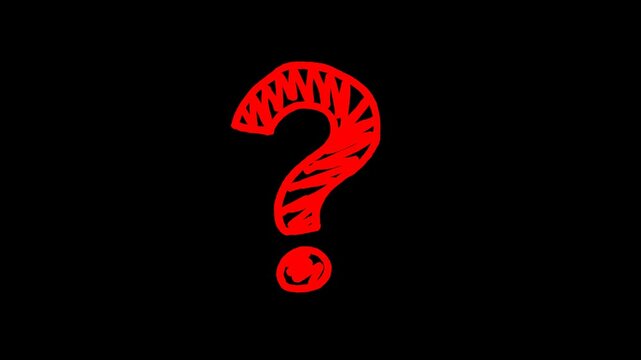 Red hand drawn question mark animation, doodle query FAQ punctuation, isolated video overlay element