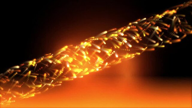 Glowing golden DNA helix rotating over orange background