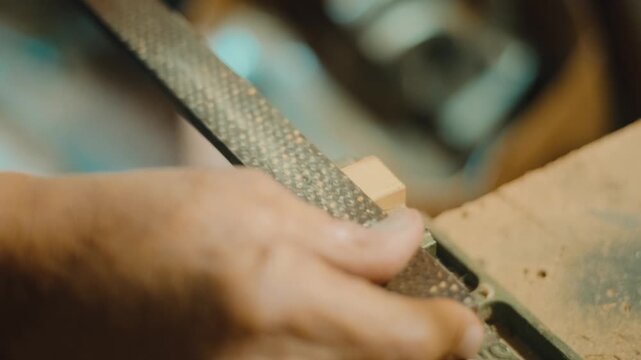 Macro shot of skilled hands using a metal file to shape a wooden piece clamped in a vise. Focus on texture, precision and craftsmanship for woodworking and DIY content