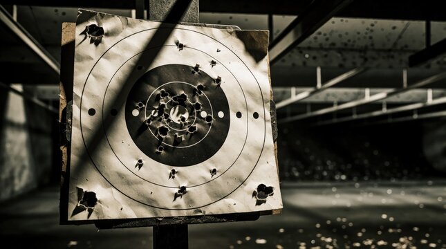 Paper target with many bullet holes at indoor shooting range. Marks of gun shots show accuracy, precision during practice. Close up view of damaged paper board with impact marks in dark gym training