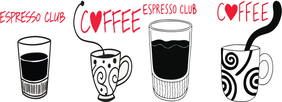 Coffee Espresso Club Illustration Set with Hand Drawn Cups and Glasses