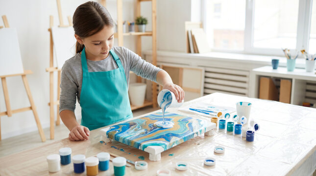 Girl Creating Abstract Fluid Art with Acrylic Paint in Art Studio, Creative Child Painting on Canvas