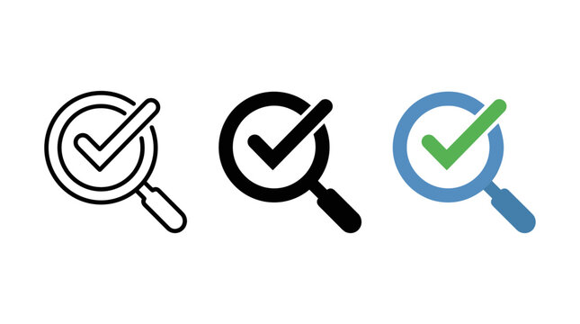 Magnifying glass with check mark icon set showing variations in style and color
