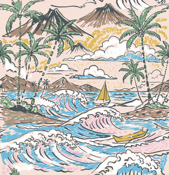 Hand Drawing Seamless Tropical summer beach print pattern in vector graphic for tee t-shirt design with sweatshirt, perfects for boy, men, women, and girls clothing, hand made print. 