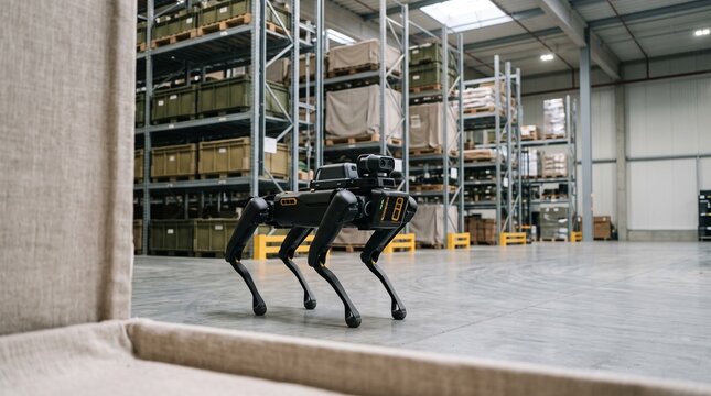 Autonomous Quadruped Robot Dog Patrolling and Inspecting Cargo Aisles in a Modern Industrial Logistics Warehouse