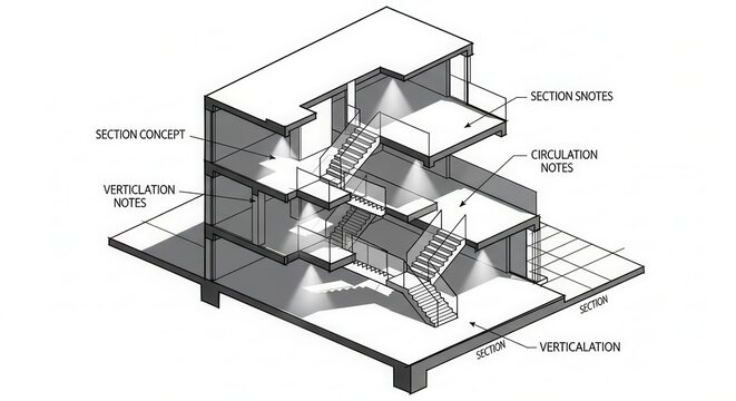 Architectural Section Drawing Of Modern Building With Detailed Staircase Design