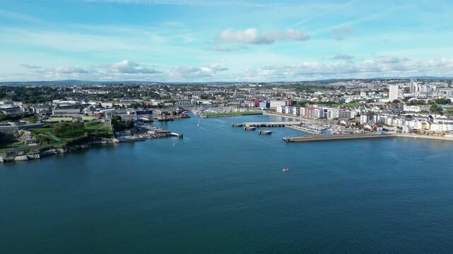Plymouth, Devon, England: DRONE VIEWS: 1. Millbay pier (right); 2. Fisherman's Point / Longroom Port Control building (left); 3. Brittany ferries docking area (left). Plymouth is a major UK port.
