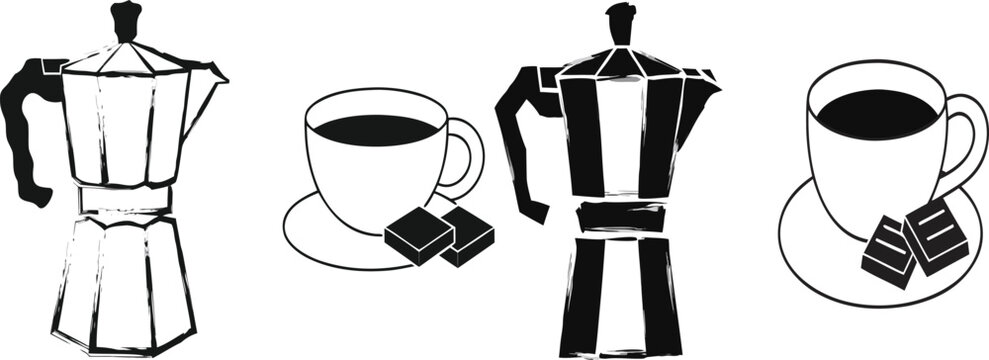 Coffee Maker Moka Pot and Espresso Cup Vector Line Art Illustration