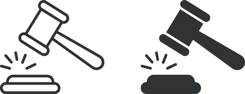 Judge gavel hitting block vector icon set symbolizing court justice trial decision legal system auction bidding law authority punishment and verdict isolated on white background