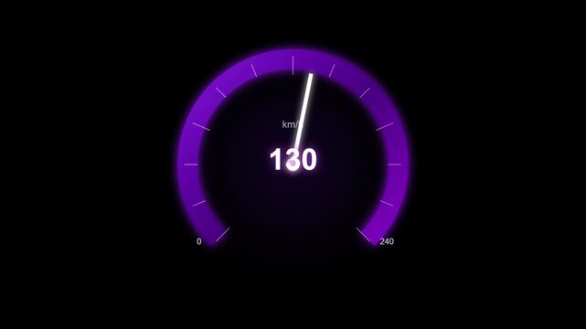 Futuristic purple speedometer gauge displaying 65 kmh with glowing radial interface on a dark seamless motion background
